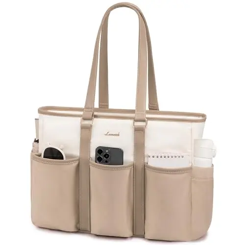 LOVEVOOK Work Tote Bag in khaki-beige color with multiple pockets and cup holder