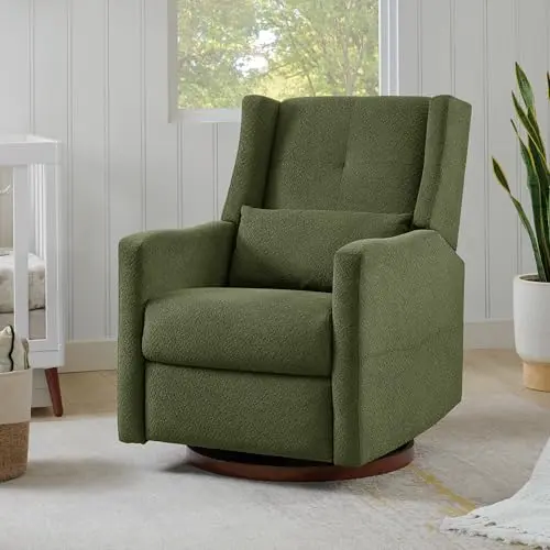 KISLOT upholstered recliner swivel glider nursery chair in moss green boucle fabric