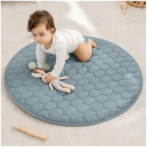 Comfy Cubs round baby play mat with quilted design in pacific blue