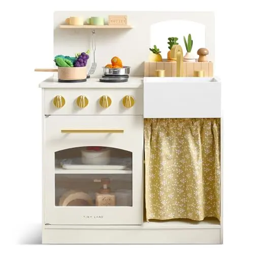 Tiny Land wooden play kitchen with cutting food set and compact design