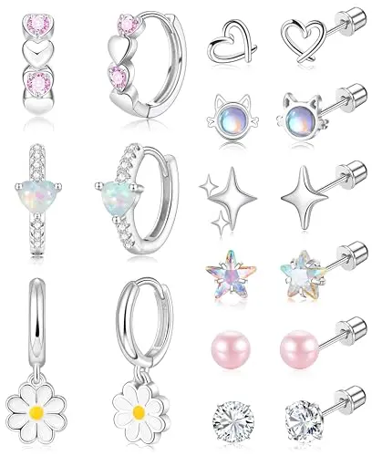 Surgical stainless steel earrings set with 9 pairs of studs and hoops