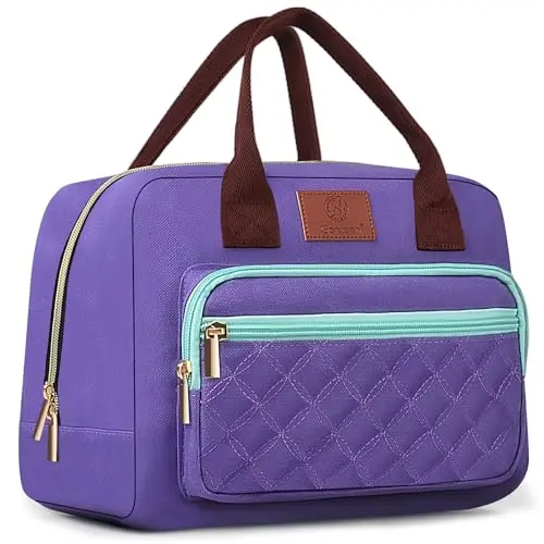 Genteen insulated lunch tote in purple with front pocket and multiple compartments