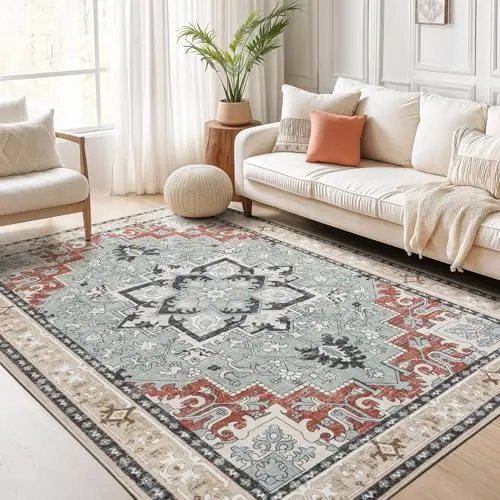 Lofus machine washable area rug with vintage floral pattern in beige and orange