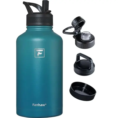 Fanhaw 64oz insulated water bottle in green blue