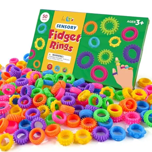 Fidget rings sensory toys showing 50 textured silicone rings in various colors