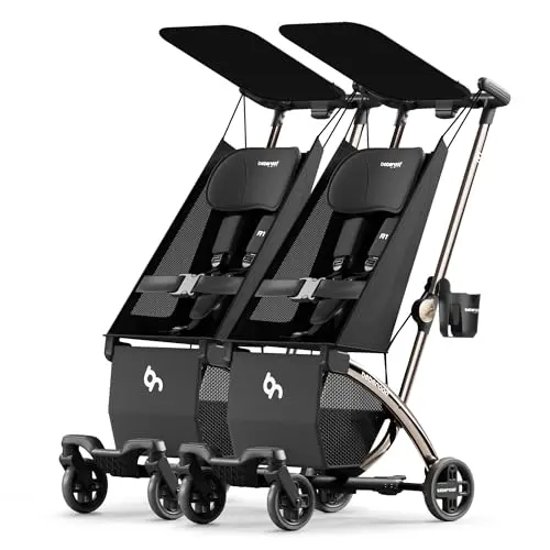 Beberoad Love R1 auto-folding double stroller showing compact fold and convertible feature