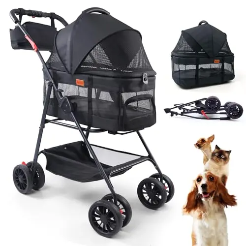 Bicystar pet stroller in black with detachable carrier and wheels