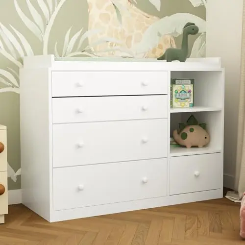 Timechee Changing Table Dresser with 5 drawers and 2 shelves in white
