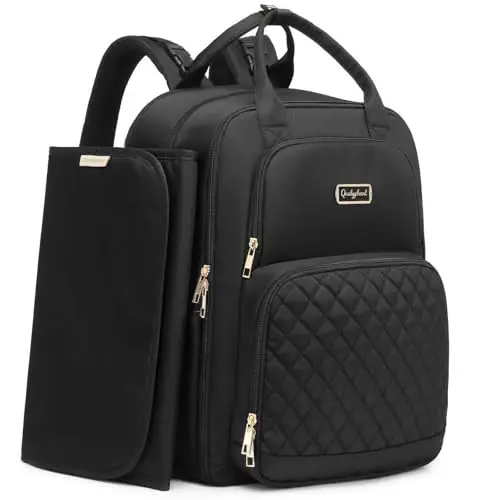 Qualyphant expandable diaper backpack in black with multiple pockets and compartments