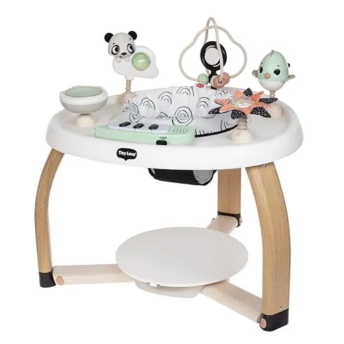 Tiny Love 5-in-1 activity center in black and white decor with detachable toys