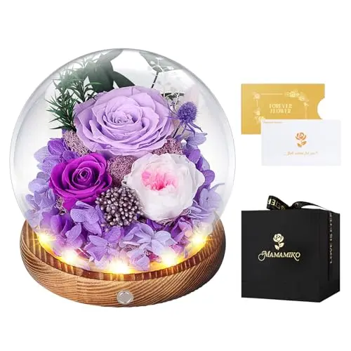 MAMAMIKO preserved roses in glass dome with LED light on wooden base
