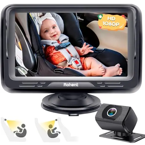 Rohent baby car camera mounted in vehicle with clear display showing rear-facing infant
