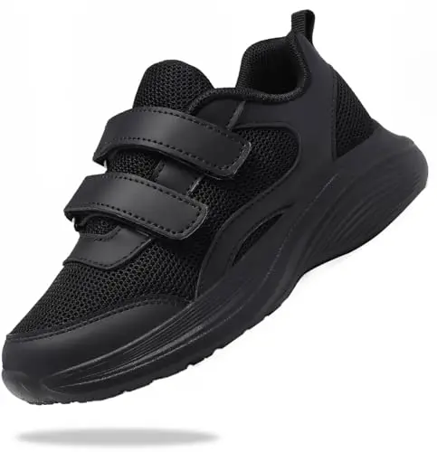 Santiro black kids school shoes with mesh upper and hook and loop
