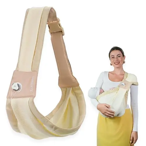 BabieBoo baby sling carrier in beige with adjustment knob