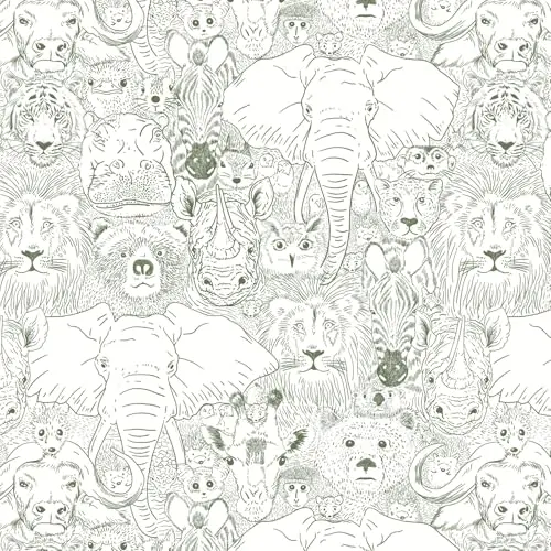 Fiula jungle animal safari removable wallpaper with elephants, lions and zebras on dark green background