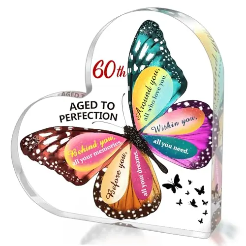 SUEHHYY acrylic heart-shaped cake topper for 60th birthday with butterfly design