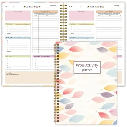 ADHD Planner with colorful leaves design and spiral binding