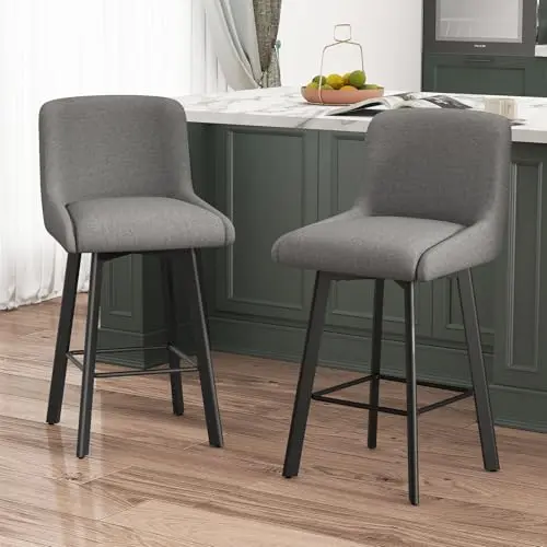 SAECKBERG gray fabric swivel bar stools with metal legs