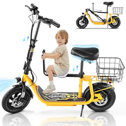 Caroma electric scooter with two seats and basket for carrying child and adult