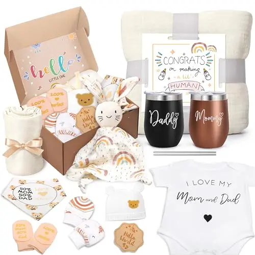 Pregnancy gift box with baby essentials and parent items