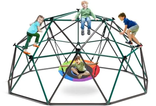 Hapfan 10 ft climbing dome swing set with saucer swing in green and brown