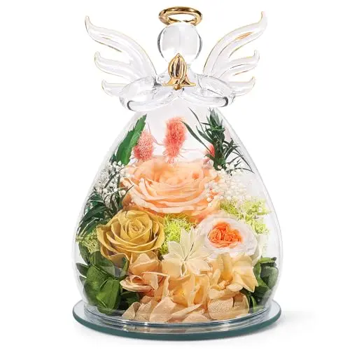 FIACO preserved rose in glass angel figurine with champagne colors