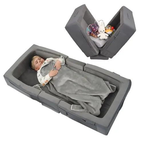 ENITYA grey portable foldable toddler bed with built-in safety rails