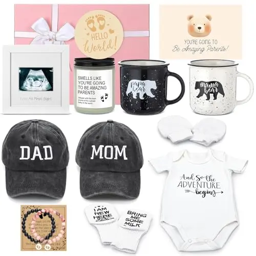 TEENYYOU 15-Piece New Parents Gift Set with bear mugs, baby bodysuit, and various accessories