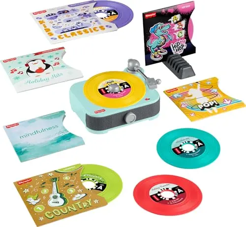 Fisher-Price Deluxe Rockin' Record Player with six albums and display rack