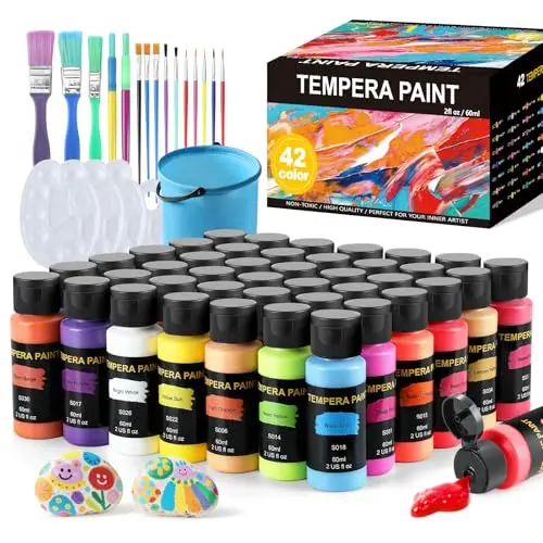 TMOL washable tempera paint set with 42 colors, brushes, and palettes