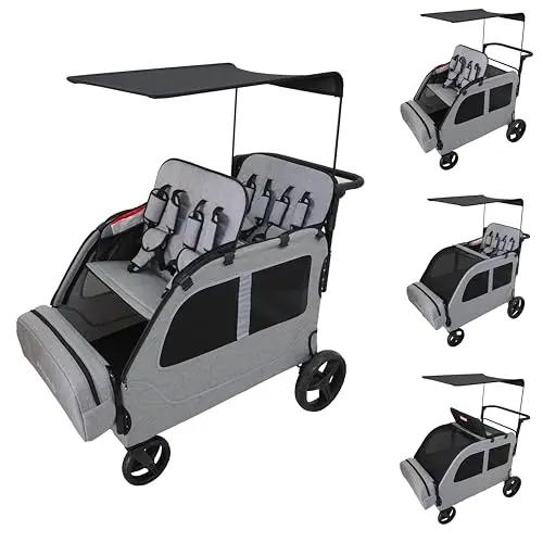 JULYSHILIU car-shaped stroller wagon in light grey with four seats and removable canopy