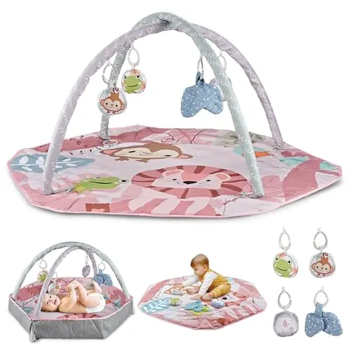 Henry & Colin pink baby activity play gym with hanging toys and padded mat