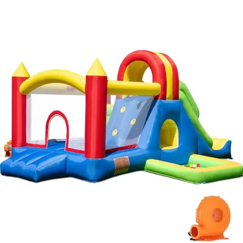 HuaKastro bounce house with slide, climbing wall, and ball pit