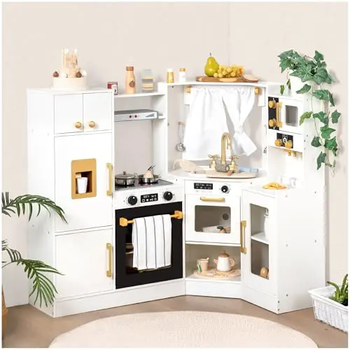 Interactive wooden corner play kitchen with lights, sounds, and ice maker