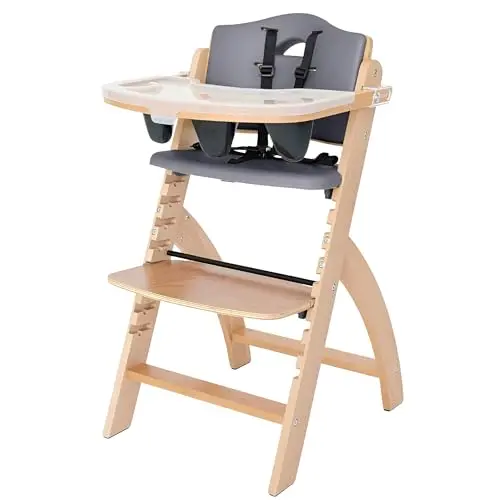 Abiie Beyond Junior Wooden High Chair in natural wood with dark grey cushion