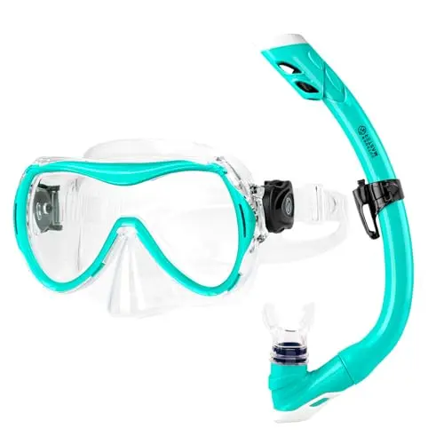 OutdoorMaster kids snorkel set in cyan color with dry top snorkel