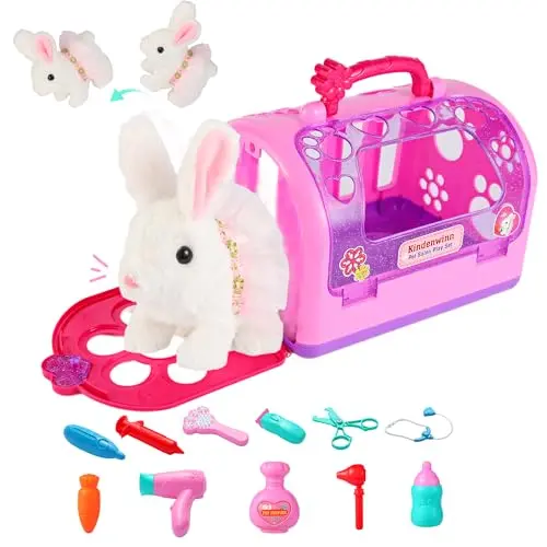 Realistic bunny toy set with cage, accessories, and hopping action