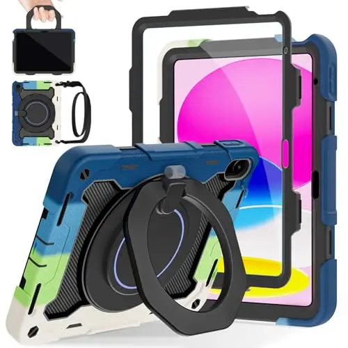 ROISKIN kids iPad case with 360-degree kickstand and military-grade protection in black and blue