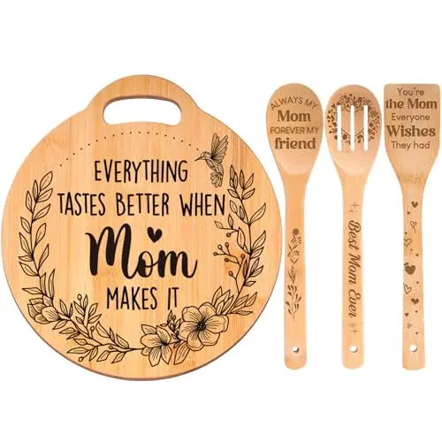 Round bamboo cutting board with engraved messages for mom