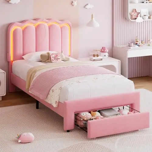 Jocoevol twin upholstered LED bed frame with storage drawer and wavy headboard in pink