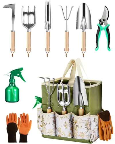 Wevelel green gardening tool set with wooden handles and tote bag