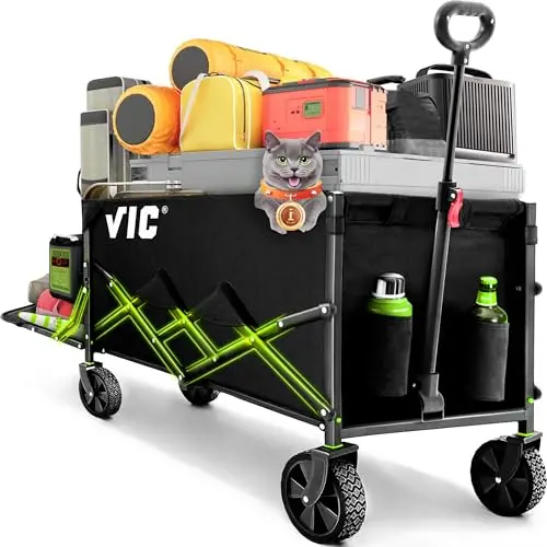 VIC folding wagon cart loaded with beach gear on sand