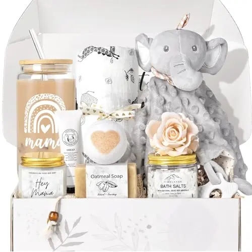 IAOVUEBY New Mom Gift Basket with glass cup, elephant lovey, and self-care items