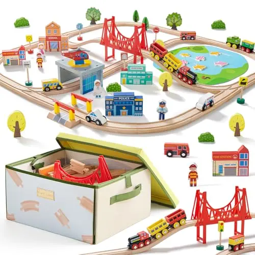 Tiny Land wooden train set with folding storage box that turns into play mat