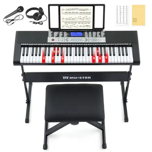 MUSTAR 61-key electronic keyboard with illuminated keys and complete beginner kit