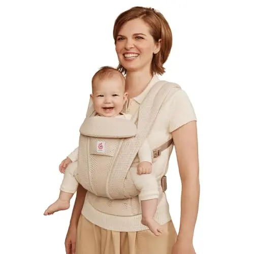 Ergobaby Omni Deluxe mesh baby carrier showing advanced breathable fabric and storage pockets
