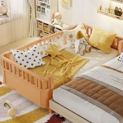 KEIKI brown wooden floor bed with removable safety rails for toddlers