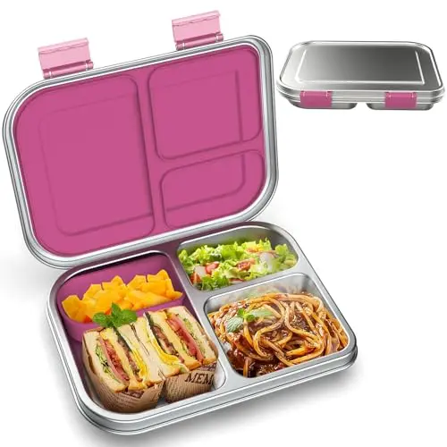 BOSEDSANG stainless steel bento lunch box with three compartments and silicone container in pink color
