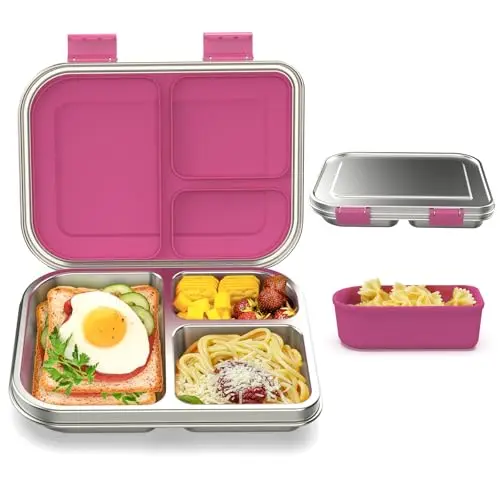 BABHAMNESS stainless steel bento lunch box with three compartments in pink color