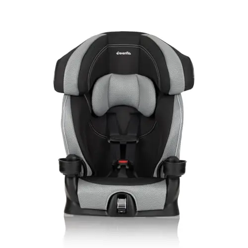 Evenflo Chase LX harnessed booster car seat in gray showing cup holders and harness system